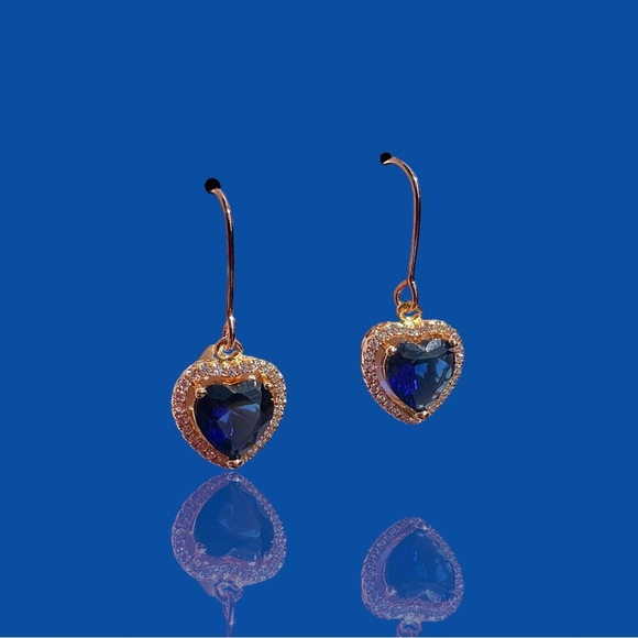 NEW Rose Gold Tone Simulated Sapphire & White Diamond Heart Dangle Earrings - Picture 7 of 8